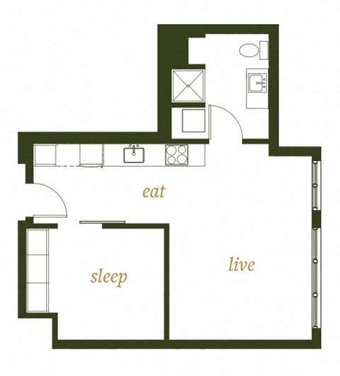 Floor plan for 1 bed, 1 bath, 582 sqft